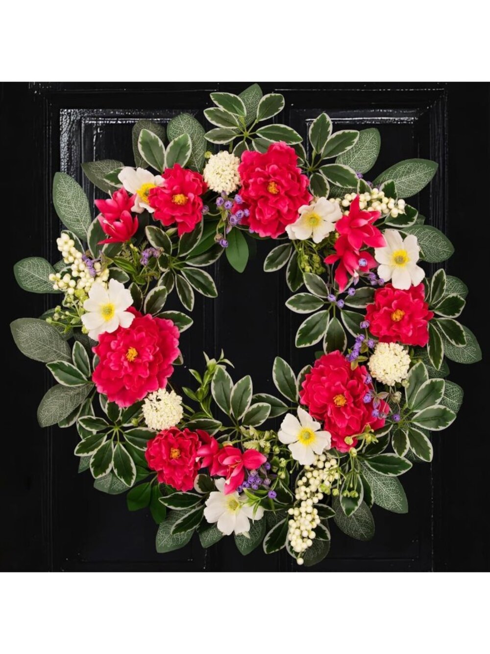 Vibrant 24" Floral Wreath with Hot Pink Peonies & White Anemones for Home Decor